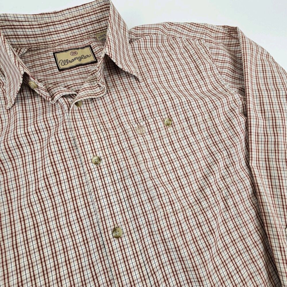 Wrangler Mens Large Plaid Long Sleeve Button Up Shirt Red Cream Embroidered Logo
